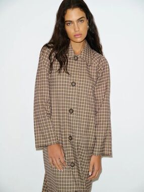 NEW Reformation Beck Trench Coat Coco Plaid Brown Tan Check | US S